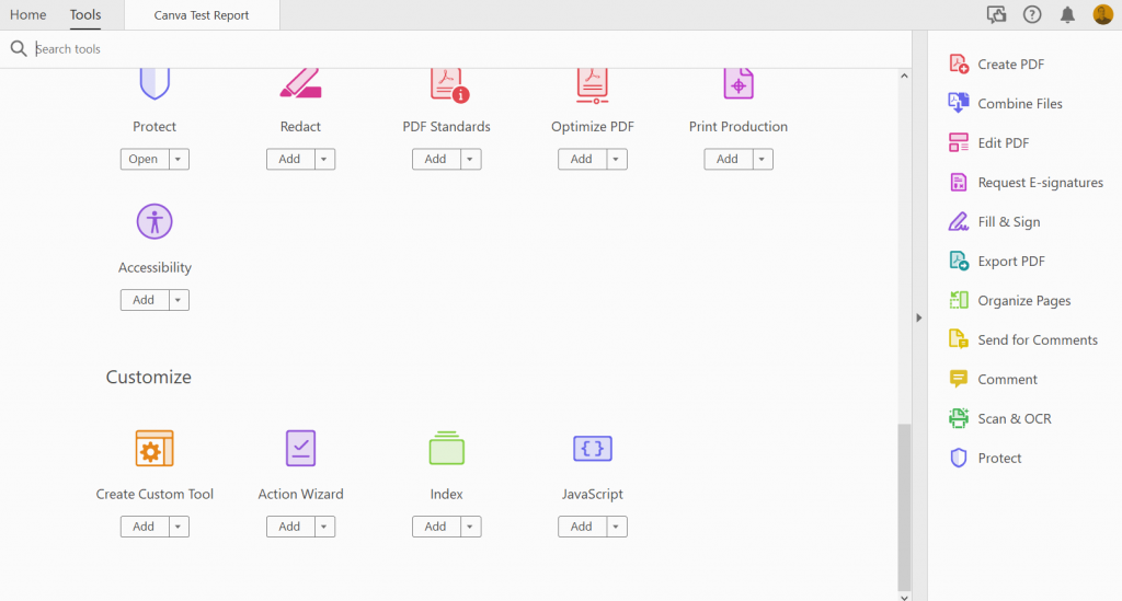 Screenshot of Adobe Acrobat's more tools menu.