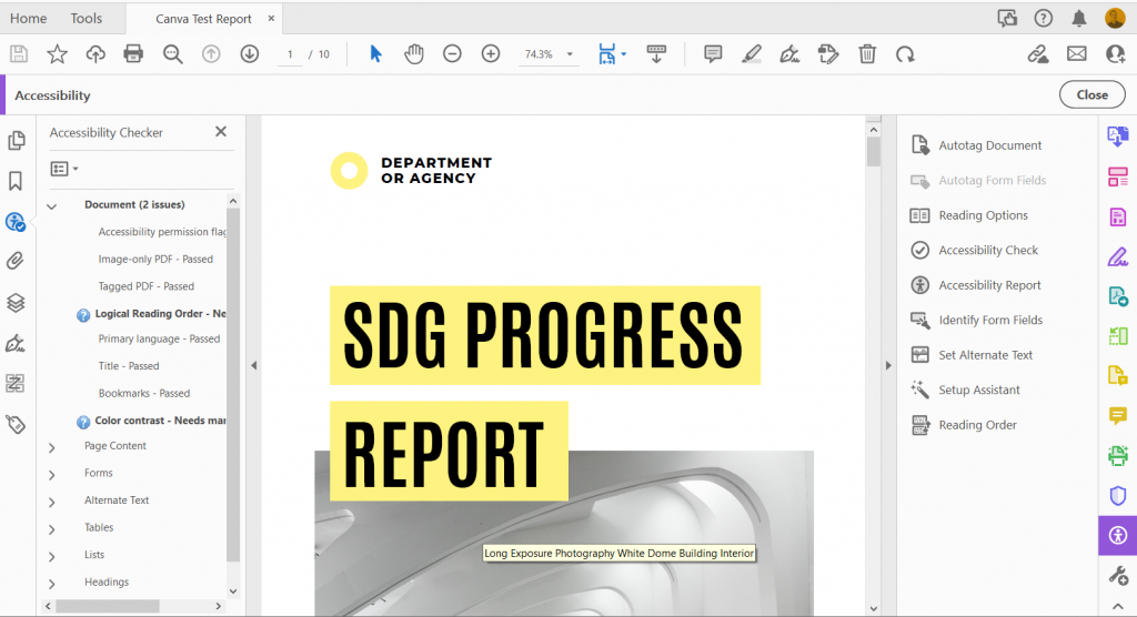Screenshot of an Adobe Accessibility check.