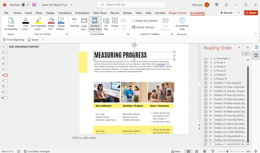 Screenshot of Reading Order in Microsoft PowerPoint.