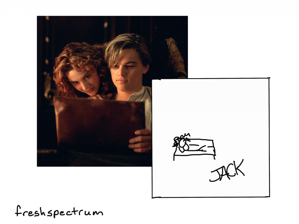 Cartoon showing Jack from Titanic's scribble drawing of stick figure Rose.