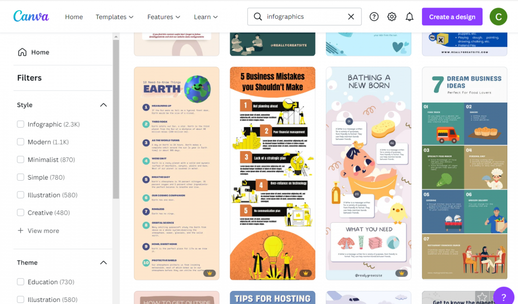 Screenshot of canva infographic templates.