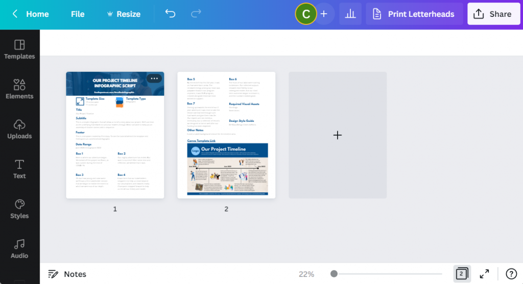 Screenshot of the two pages in the timeline infographic script.