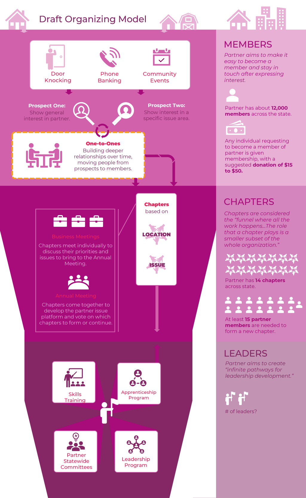 Draft organizing model, showing the trajectory from base-building, to developing chapters, to building leadership