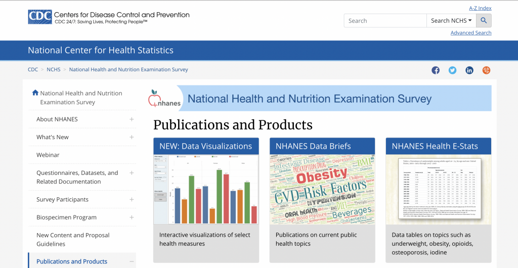 Screenshot of NHANES Data Products Page