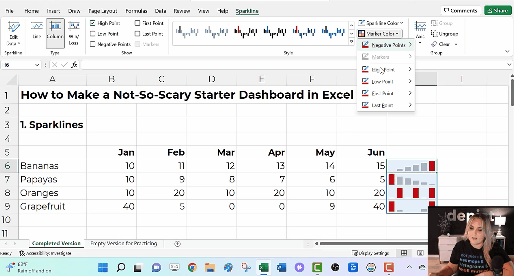 Ann K. Emery teaches you how to make a starter dashboard in Excel with sparklines, data bars, symbol fonts, and heat tables.