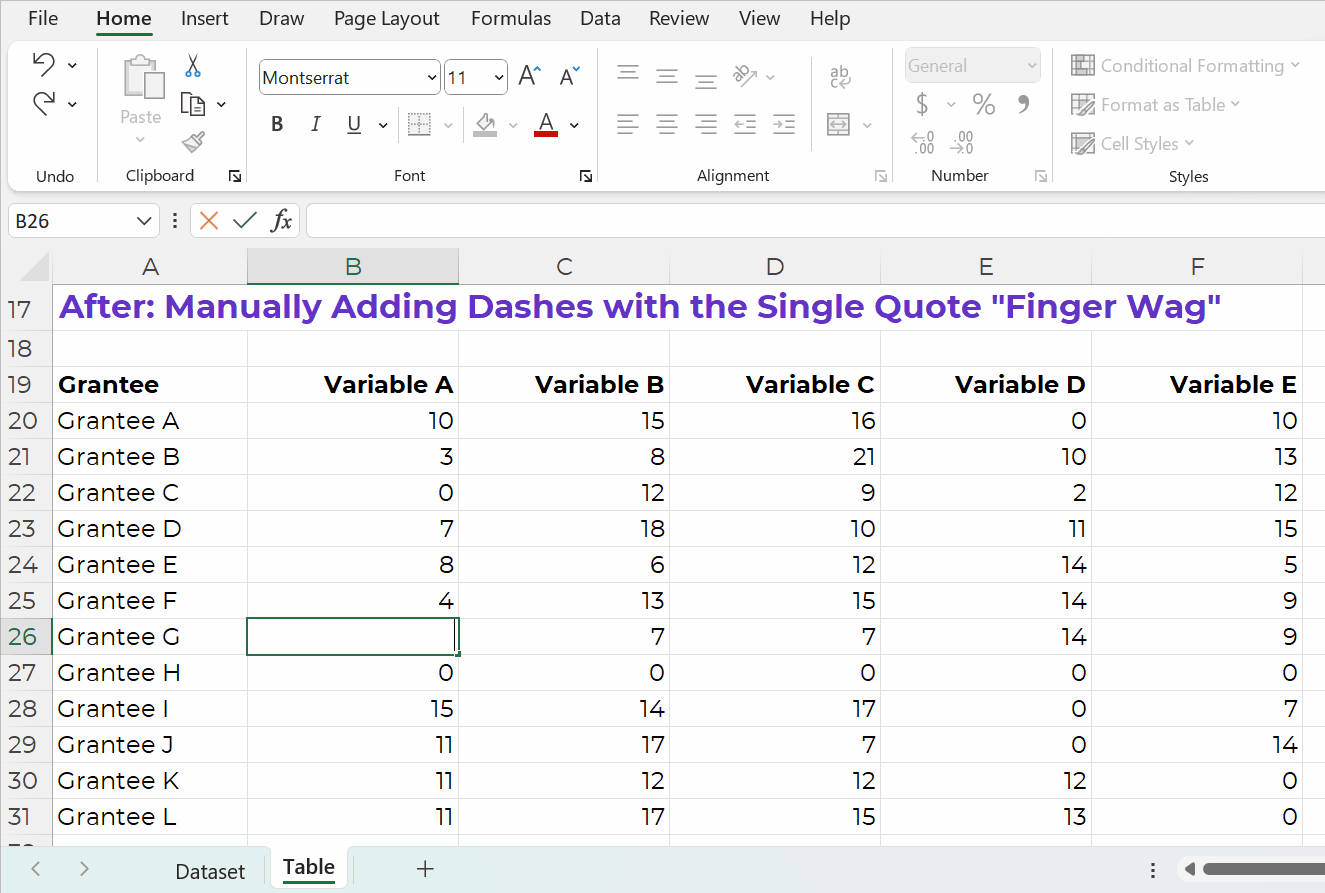 A GIF showing how to type a single quote and a dash into a cell.