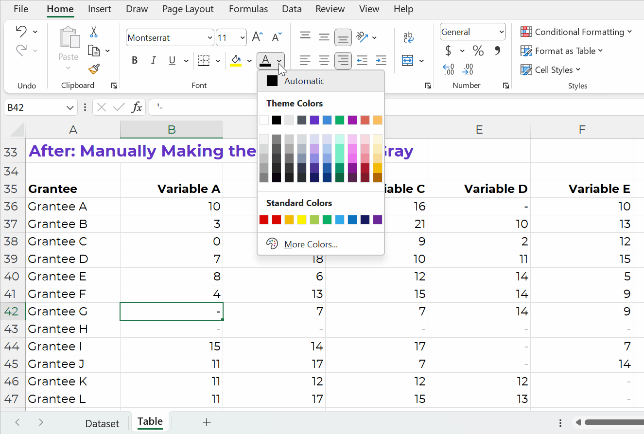 A GIF showing how to change the font color from black to gray in Excel.