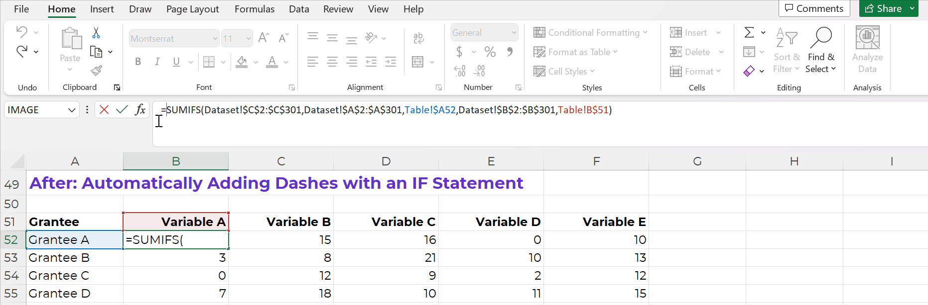 A GIF showing how to create an IF statement such that zeros are automatically shown as dashes.