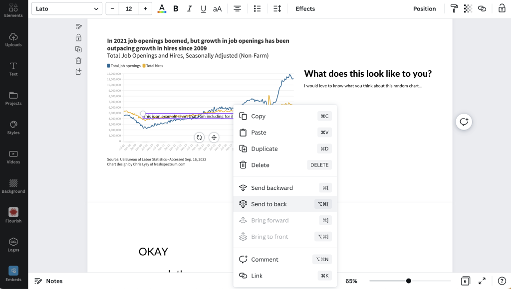 Screenshot of text box being sent to back of a Canva webpage.