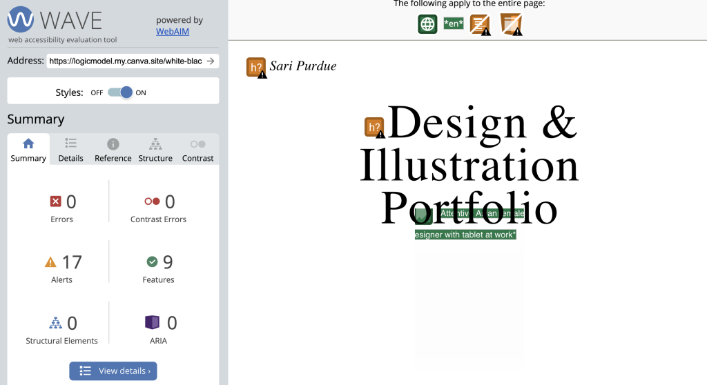 Screenshot of WAVE assessment of a Canva webpage.