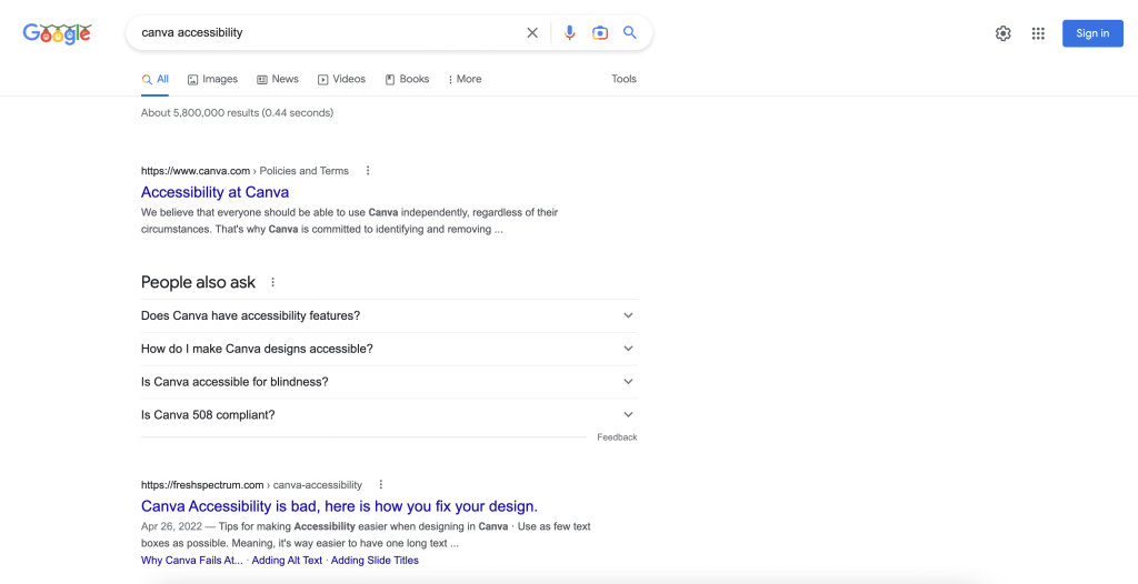 Screenshot of Google search for Canva Accessibility