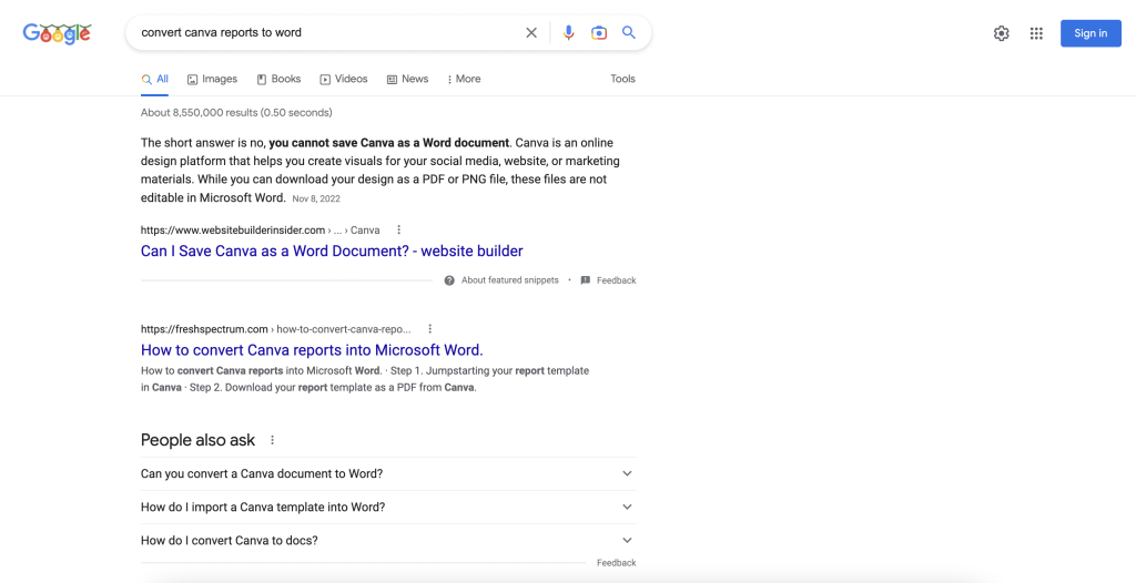 Screenshot of Google search for Convert canva reports to word