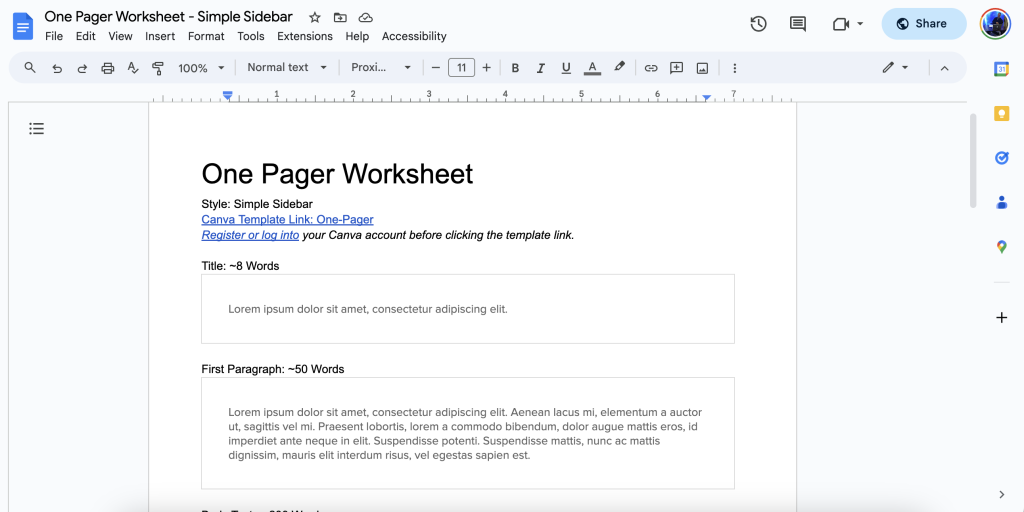 Screenshot of Google Doc One pager Worksheet.