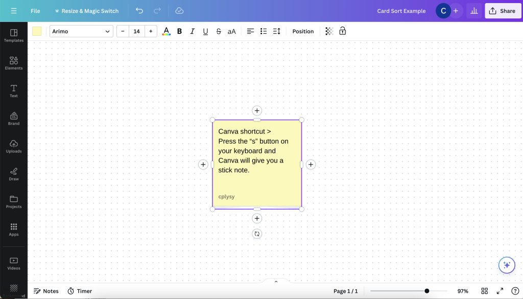Screenshot - Creating a sticky note in Canva